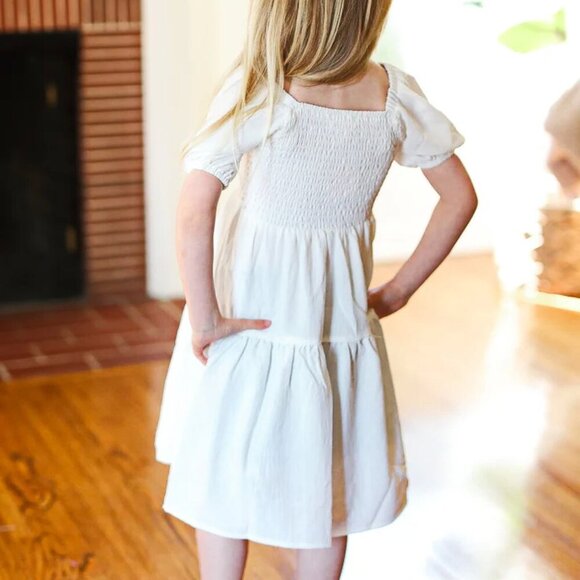 Size XL (10/12 ) Ivory Smocked Bubble Sleeve Tiered Dress NWT - Picture 3 of 4